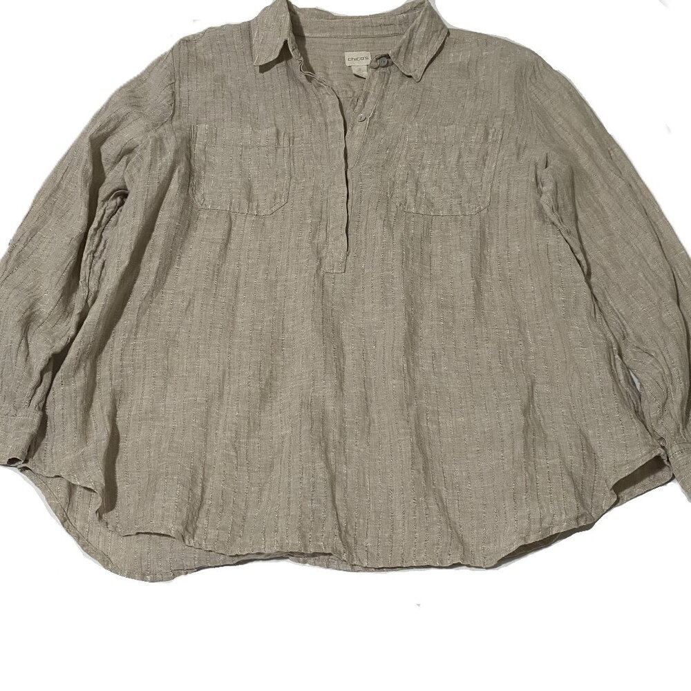 Chico's 100% Linen Henley Tunic Top Size 3 (USA XL) Beige Pullover Earth Tones